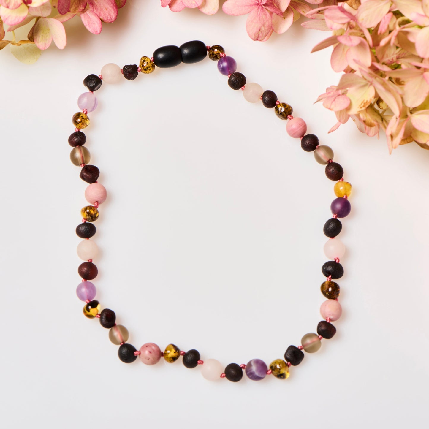 Baltic Amber Necklace - Smoky Rose Quartz + Amethyst - Adult