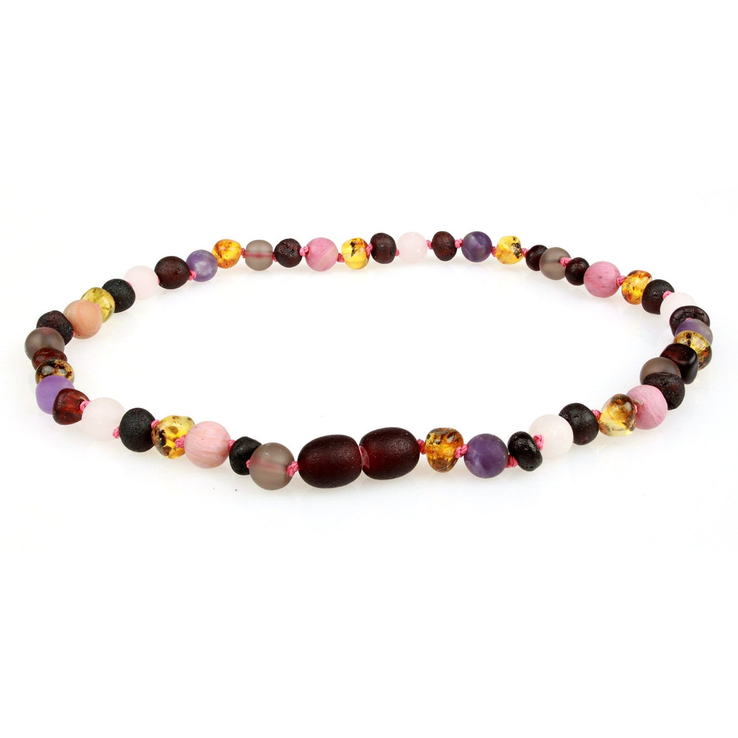 Baltic Amber Necklace - Smoky Rose Quartz + Amethyst - Adult