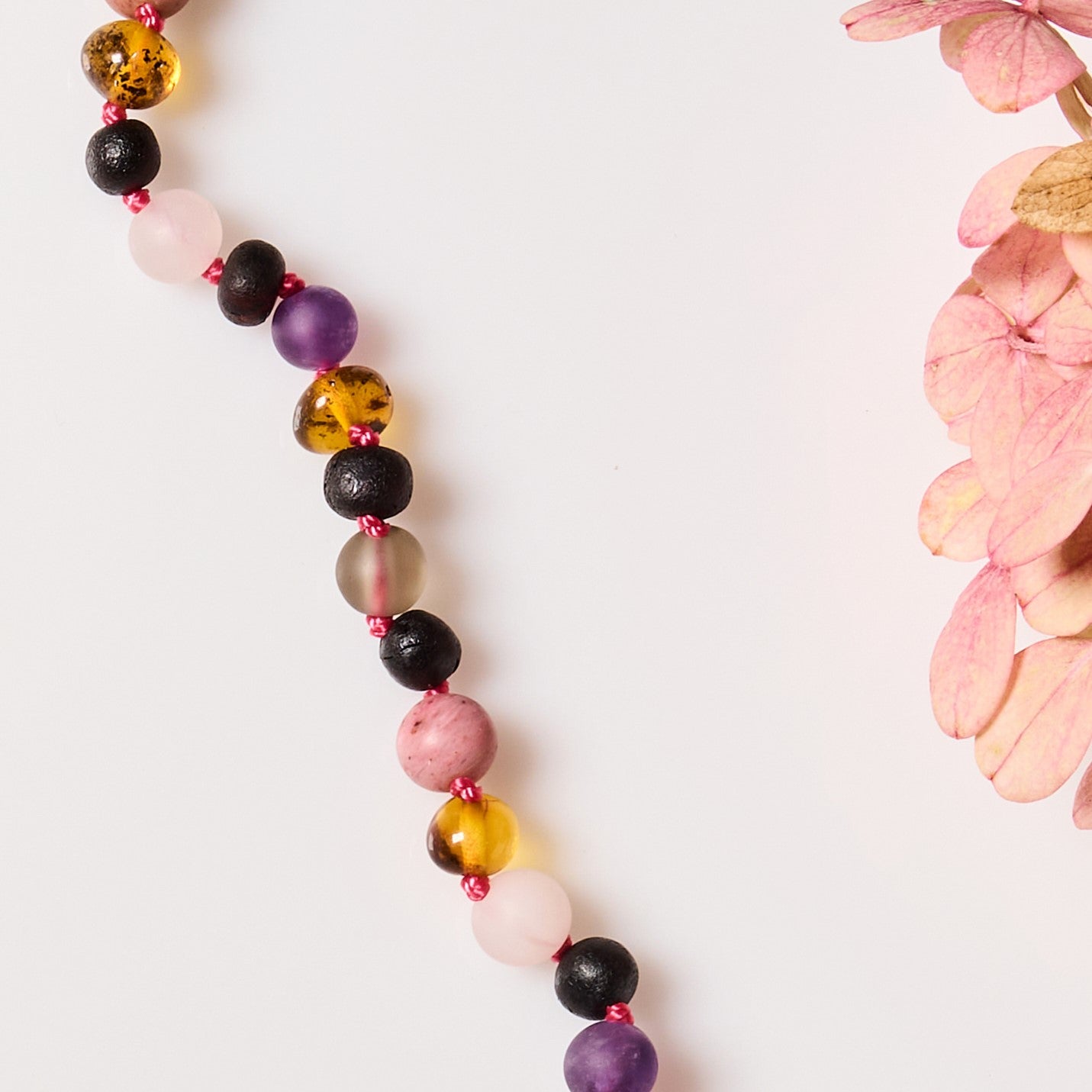 Baltic Amber Necklace - Smoky Rose Quartz + Amethyst - Adult